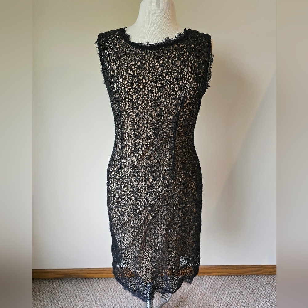 Halston Heritage Cap Sleeve Black Lace Sequin Dress Womens Sz 10.